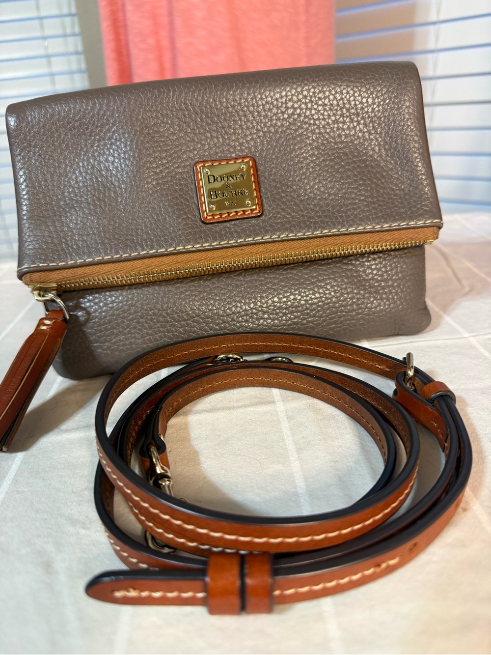 Dooney & Bourke ElephantbPebbled Leather Fold over Clutch with Brown Strap